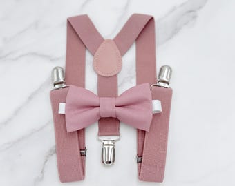 Dusty Rose Bow Tie and Suspenders Set, Ring Bearer Outfit, Rustic Wedding Accessories, Boho Wedding , Pocket Square, All Sizes Men & Boys
