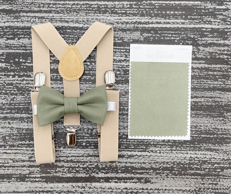 Moss Green bow tie & Champagne Tan Suspenders , Eucalypt Bow Tie , Ring Bearer boy's gift , Groomsmen Wedding outfit , Men's pocket square image 4