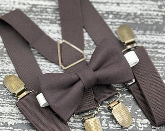 Coffee Brown bow tie & x- back Suspenders , boy's Ring Bearer gift , Men's pocket square , wedding Groomsmen outfit