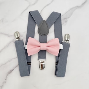 Ballet Bow tie & Suspenders, Gray Braces, Rosette Pink Bow Tie, Pocket Square, Ring Bearer Outfit, Boho Rustic Wedding Outfit