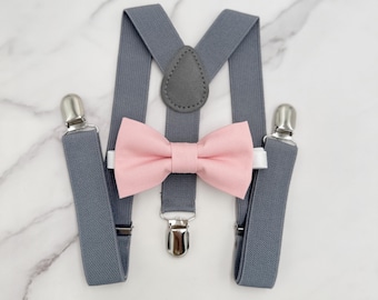 Ballet Bow tie & Suspenders, Gray Braces, Rosette Pink Bow Tie, Pocket Square, Ring Bearer Outfit, Boho Rustic Wedding Outfit