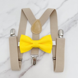 Yellow Bow tie & Suspenders | Champagne Braces | Pocket Square | Ring Bearer Outfit | Boho Rustic Wedding Outfit | Groomsman Gift