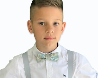 Men's Kids PASTEL Gray Suspenders & Paisley Aqua Cotton bow tie , Newborn - Adult Kids  Baby Boys , Wedding Ring Bearer Groom outfit Gift