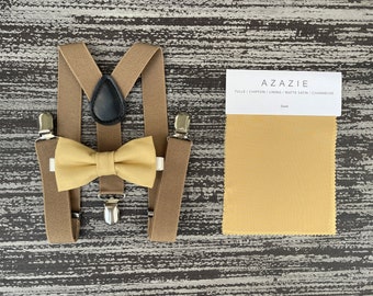 Gold yellow bow tie and Taupe suspenders , Ring Bearer Groom best Man outfit , Kids Baby boy gift set , Mens wedding accessories