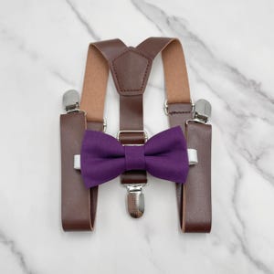 Plum Bow Tie & Leather Suspenders - Baby to Adult Sizes, Ring Bearer Outfit, Groomsman Gift, Rustic Wedding, Purple Pocket Square