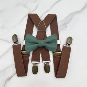 Dark Eucalyptus Bow tie & Suspenders, X - Back Brown Braces, Pocket Square, Ring Bearer Outfit, Boho Wedding, Rustic Wedding Outfit