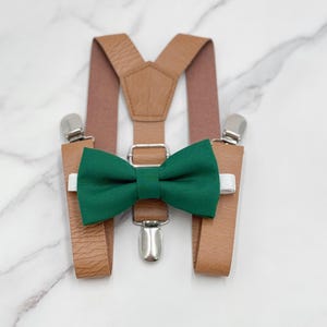 Juniper Bow Tie & Suspenders, Vegan Leather Suspenders, Dark Green Emerald Bowtie, Groomsman Outfit, Pocket Square, Ring Bearer outfit