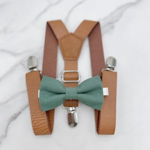 Eucalyptus Bow Tie & Suspenders , Vegan Leather Suspenders, Groomsman Outfit , Pocket Square , Ring Bearer outfit