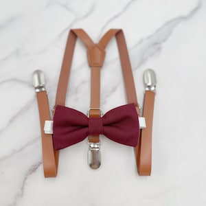 Cabernet Bow Tie & Suspenders | Groomsman Suspenders | Skinny Cognac Suspenders | Vegan Leather | Ring Bearer outfit | Wine Bow Tie