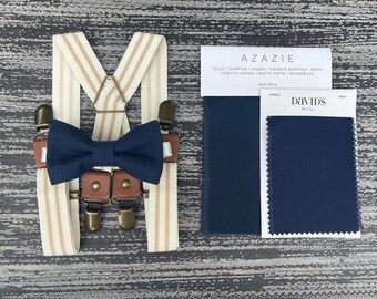Navy Blue bow tie & Beige ivory Striped suspenders , Ring Bearer Groom best Man outfit , Kids Baby boy gift set , Mens accessories