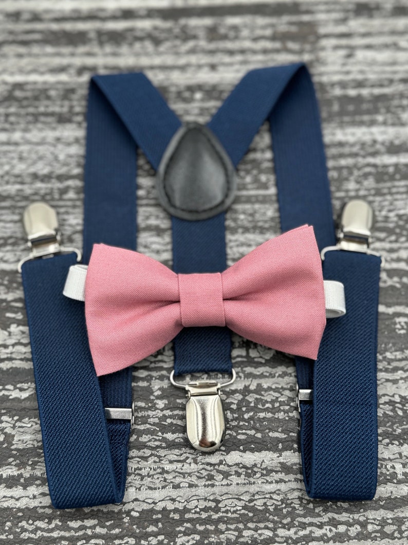 Dusty Rose bow tie & Navy Blue Suspenders , Ring Bearer boy's gift , Groomsmen Wedding outfit , Men's pocket square , Cake Smash outfit image 2