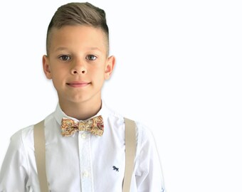 Men's Kids TAN Khaki Suspenders & Paisley beige Orange Cotton bow tie , Newborn - ADULT Children Baby Boys , ring Bearer Groom outfit