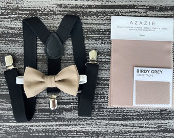 Taupe bow tie and Black suspenders , Kids Baby boy gift set , Mens Best Man Groom Ring Bearer Photo Wedding accessories outfit