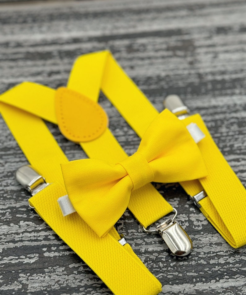 Yellow bow tie & Suspenders , Ring Bearer boy's gift , Men's pocket square , Groomsmen Wedding outfit , Cake Smash outfit , costume image 1