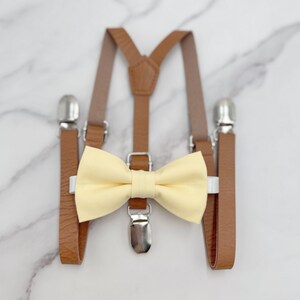 Canary Bow Tie & Suspenders | Groomsman Suspenders | Skinny Suspenders | Vegan Leather | Ring Bearer outfit | Rustic Wedding