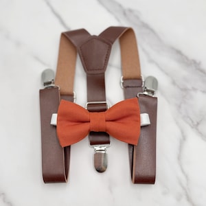 Paprika Bow Tie & Leather Suspenders - Baby to Adult Sizes, Ring Bearer Outfit, Groomsman Gift, Rustic Wedding, Sienna Orange Pocket Square