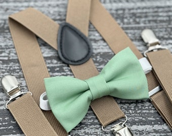 Sage Meadow Green bow tie & Taupe Brown Suspenders , Matcha bow , Ring Bearer boy's gift , Groomsmen Wedding Outfit , Men's pocket square