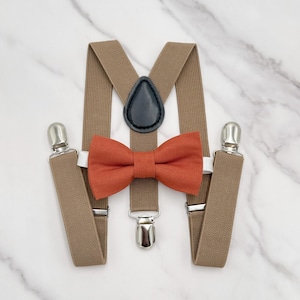 Paprika Bow Tie & Taupe Suspenders - Baby to Adult Sizes, Ring Bearer Outfit, Groomsman Gift, Rustic Wedding, Terracotta Pocket Square