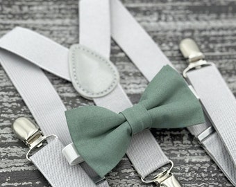 Eucalyptus Green bow tie & Light Gray Suspenders , Ring Bearer boy's gift , Men's pocket square , wedding Groomsmen outfit
