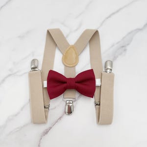 Burgundy Bow tie & Suspenders | Champagne Tan Braces | Pocket Square | Ring Bearer Outfit | Boho Rustic Wedding | Groomsman Gift