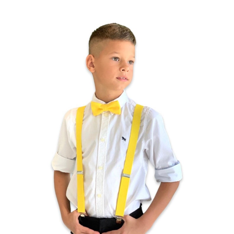 Yellow bow tie & Suspenders , Ring Bearer boy's gift , Men's pocket square , Groomsmen Wedding outfit , Cake Smash outfit , costume image 3