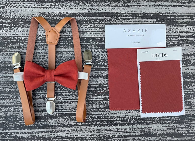 Cinnamon Terracotta bow tie & Skinny Leather Rust Brown Suspenders , Ring Bearer boy's gift , Groomsmen Wedding outfit , Mens pocket square image 3