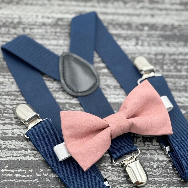 Desert Coral bow tie & Navy Blue Suspenders , Marine Braces , Ring Bearer boy's gift , Groomsmen Wedding outfit , Men's pocket square
