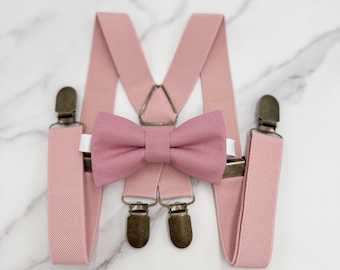 Dusty Rose Bow tie & Suspenders, Dusty Pink X - Back Braces, Pocket Square, Ring Bearer Outfit, Boho Wedding, Rustic Wedding Outfit