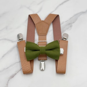Olive Bow Tie & Suspenders, Vegan Leather Suspenders, Groomsman Outfit, Pocket Square, Ring Bearer outfit