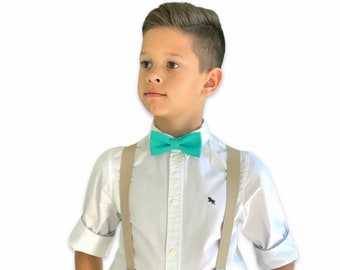 Suspenders Set , Infant - ADULT Kids Baby Boys Tan Khaki Suspenders & DARK Mint Turquoise Green bow tie , Wedding Page Boy Groom Outfit