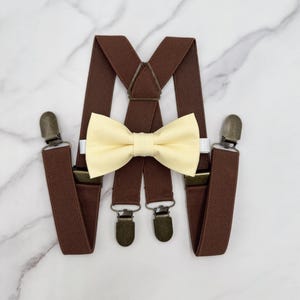 Canary Bow tie & Suspenders, X - Back Brown Braces, Buttercup Bow, Pocket Square, Ring Bearer Outfit, Boho Wedding, Rustic Wedding Outfit