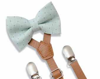 Men's Kid DUSTY sage cotton Bow Tie & VEGAN Brown Leather Skinny Suspenders / Boy Baby Ring Bearer Groom Newborn - Adult Outfit