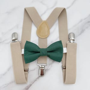 Dark Eucalyptus Bowtie & Champagne Suspenders | Pocket Square | Ring Bearer Outfit | Boho Rustic Wedding Outfit | Groomsmen Gift
