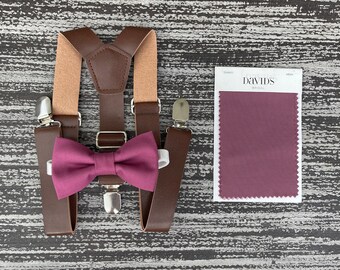 Chianti Bow Tie & Rustic Vegan leather Dark Brown Suspenders , Kids Baby Boy Ring Bearer Men's Groom Best man wedding outfit set