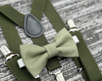 Moss Green bow tie & Olive Suspenders , Eucalypt Bow , Ring Bearer boy's gift , Groomsmen Wedding outfit , Men's pocket square