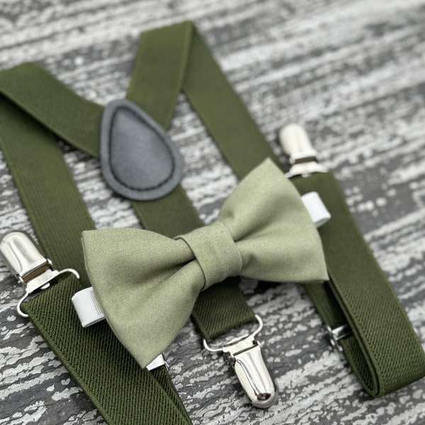 Moss Green bow tie & Olive Suspenders , Eucalypt Bow , Ring Bearer boy's gift , Groomsmen Wedding outfit , Men's pocket square