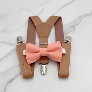 Sunset Bow Tie & Suspenders | Vegan Leather Suspenders | Coral Bowtie | Groomsman Outfit | Pocket Square | Ring Bearer outfit