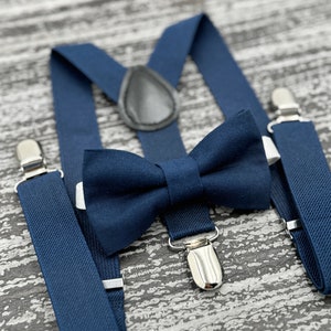 Navy Blue bow tie & Suspenders , Ring Bearer boy's gift , Groomsmen Navy outfit , Men's Pocket Square , Marine wedding set image 1