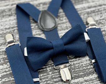 Navy Blue bow tie & Suspenders , Ring Bearer boy's gift , Groomsmen Navy outfit , Men's Pocket Square , Marine wedding set