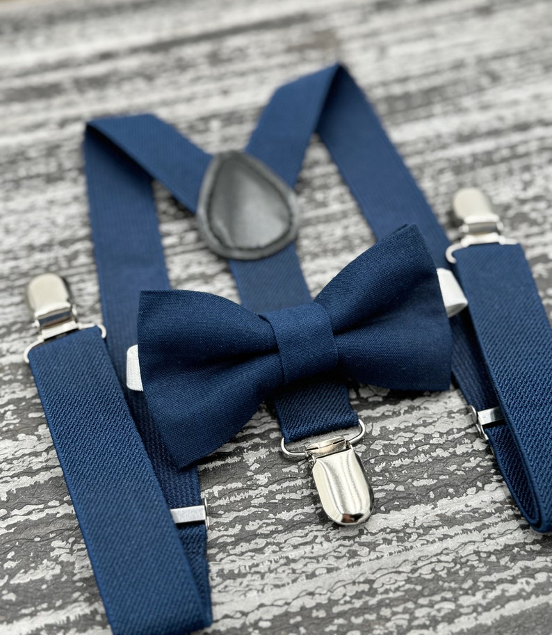 Navy Blue bow tie & Suspenders , Ring Bearer boy's gift , Groomsmen Navy outfit , Men's Pocket Square , Marine wedding set image 1