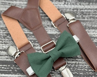 Dark Eucalyptus Green bow tie & Dark Brown Leather suspenders , Ring Bearer boy's gift , Men's Pocket Square , Groomsmen wedding outfit