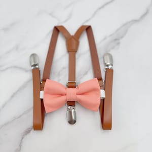 Sunset Bow Tie & Suspenders, Skinny Vegan Leather Suspenders, Coral Bow Tie, Ring Bearer outfit, Rustic Wedding