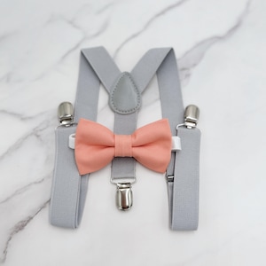 Sunset Bow tie & Suspenders, Light Gray Braces, Coral Bow, Pocket Square, Ring Bearer Outfit, Boho Wedding, Rustic Wedding Outfit