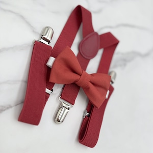 Terracotta Bow Tie & Suspenders - Baby to Adult Sizes, Ring Bearer Outfit, Groomsman Gift, Rustic Wedding, Cinnamon Pocket Square
