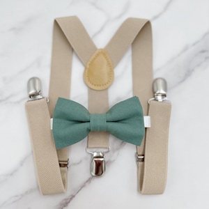 Eucalyptus Bowtie & Suspenders | Champagne Suspenders | Pocket Square | Ring Bearer Outfit | Boho Rustic Wedding Outfit | Sea Glass Bow Tie