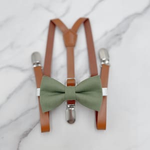 Moss Bow Tie & Suspenders | Eucalypt Bow Tie | Skinny Cognac Suspenders | Vegan Leather | Ring Bearer outfit | Rustic Wedding Braces