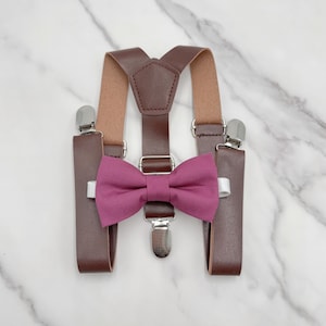 Chianti Bow Tie & Leather Suspenders - Baby to Adult Sizes, Ring Bearer Outfit, Groomsman Gift, Rustic Wedding, Cotton Pocket Square