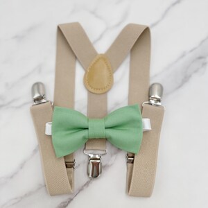 Matcha Bow tie & Suspenders | Champagne Braces | Meadow Sage Bow Tie | Pocket Square | Ring Bearer Outfit | Boho Rustic Wedding Outfit