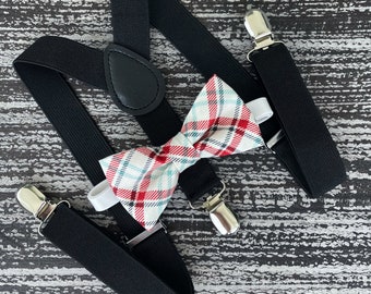 Red White Plaid Tartan bow tie and Black suspenders , Holiday Christmas costume outfit , Kids Baby boy gift set , Mens Photo  accessories
