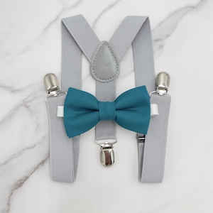 Oasis Bow tie & Suspenders, Light Gray Braces, Pocket Square, Ring Bearer Outfit, Boho Wedding, Rustic Wedding Outfit